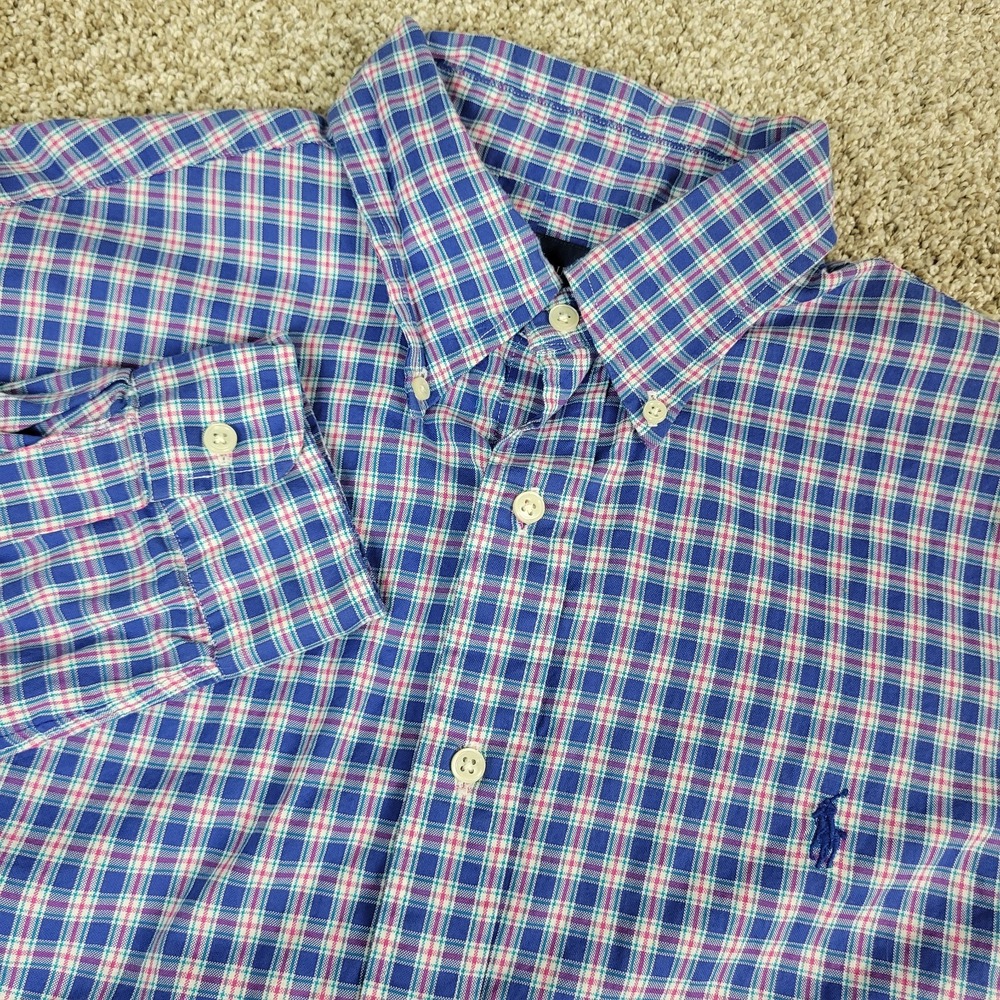 Ralph Lauren Mens Large Blue Red White Plaid Pony Button Down Long Sleeve